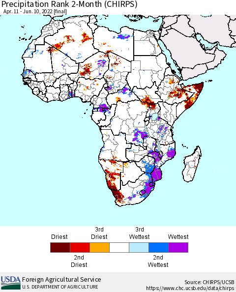Africa Precipitation Rank 2-Month (CHIRPS) Thematic Map For 4/11/2022 - 6/10/2022