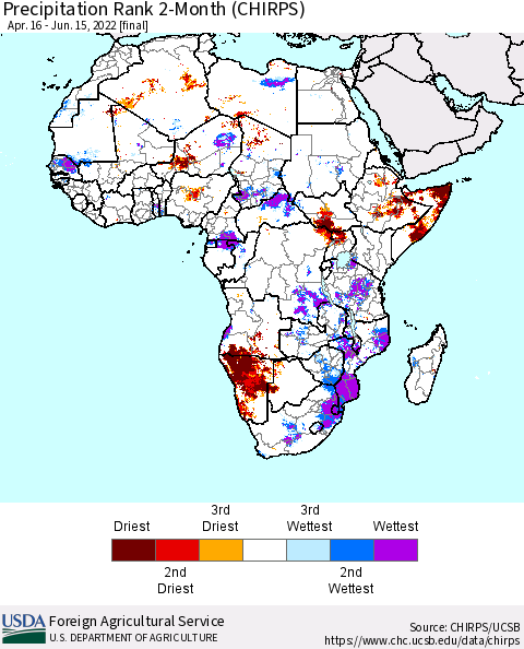 Africa Precipitation Rank 2-Month (CHIRPS) Thematic Map For 4/16/2022 - 6/15/2022