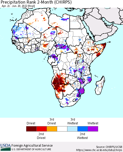 Africa Precipitation Rank 2-Month (CHIRPS) Thematic Map For 4/21/2022 - 6/20/2022