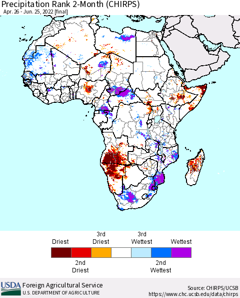 Africa Precipitation Rank since 1981, 2-Month (CHIRPS) Thematic Map For 4/26/2022 - 6/25/2022
