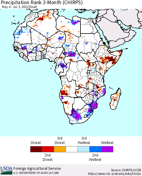 Africa Precipitation Rank 2-Month (CHIRPS) Thematic Map For 5/6/2022 - 7/5/2022