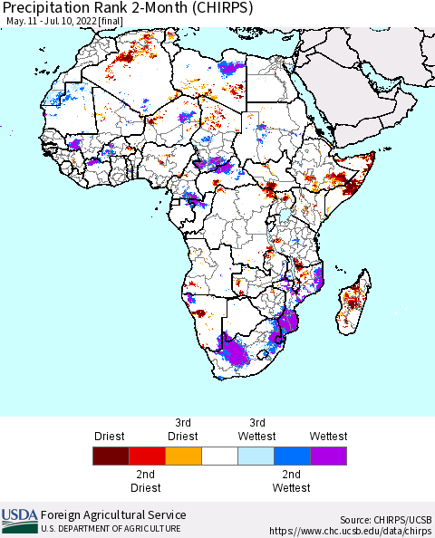 Africa Precipitation Rank 2-Month (CHIRPS) Thematic Map For 5/11/2022 - 7/10/2022