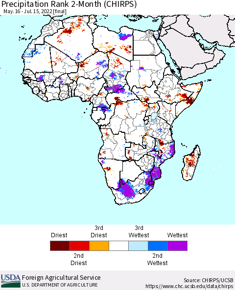 Africa Precipitation Rank since 1981, 2-Month (CHIRPS) Thematic Map For 5/16/2022 - 7/15/2022