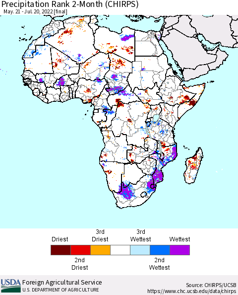 Africa Precipitation Rank 2-Month (CHIRPS) Thematic Map For 5/21/2022 - 7/20/2022