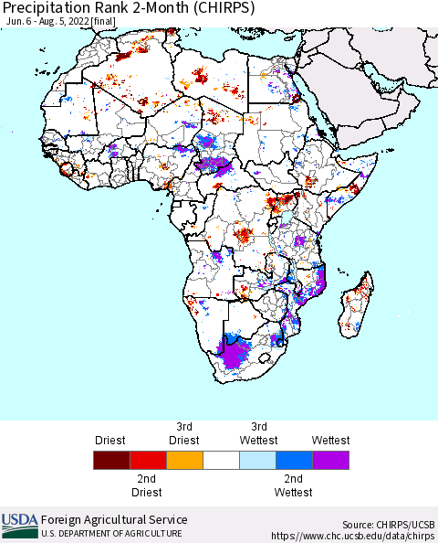 Africa Precipitation Rank 2-Month (CHIRPS) Thematic Map For 6/6/2022 - 8/5/2022