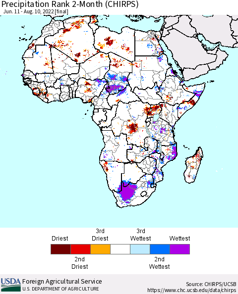 Africa Precipitation Rank 2-Month (CHIRPS) Thematic Map For 6/11/2022 - 8/10/2022