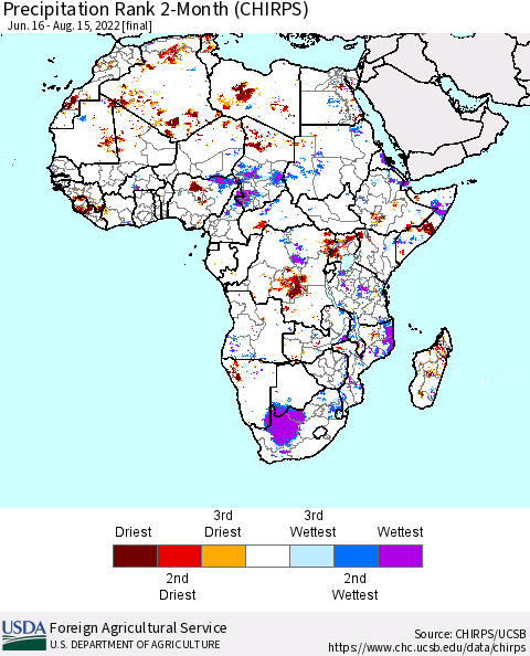 Africa Precipitation Rank 2-Month (CHIRPS) Thematic Map For 6/16/2022 - 8/15/2022