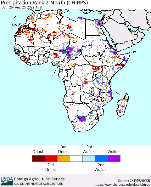 Africa Precipitation Rank 2-Month (CHIRPS) Thematic Map For 6/26/2022 - 8/25/2022