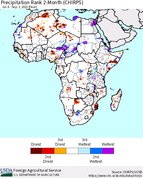 Africa Precipitation Rank 2-Month (CHIRPS) Thematic Map For 7/6/2022 - 9/5/2022