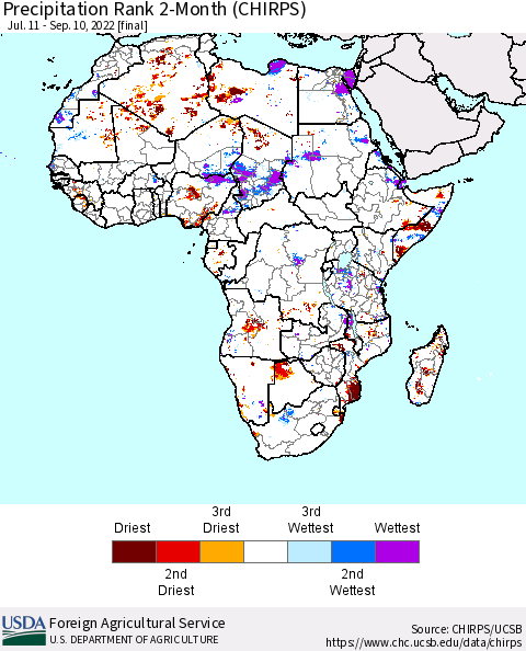 Africa Precipitation Rank since 1981, 2-Month (CHIRPS) Thematic Map For 7/11/2022 - 9/10/2022