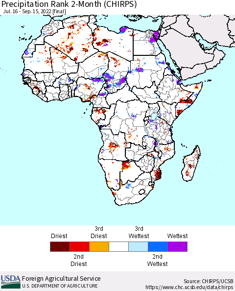 Africa Precipitation Rank 2-Month (CHIRPS) Thematic Map For 7/16/2022 - 9/15/2022