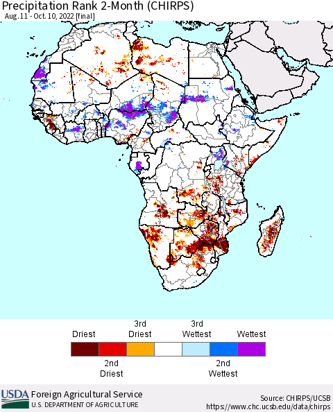 Africa Precipitation Rank 2-Month (CHIRPS) Thematic Map For 8/11/2022 - 10/10/2022