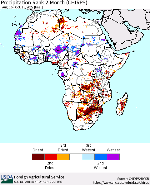 Africa Precipitation Rank 2-Month (CHIRPS) Thematic Map For 8/16/2022 - 10/15/2022
