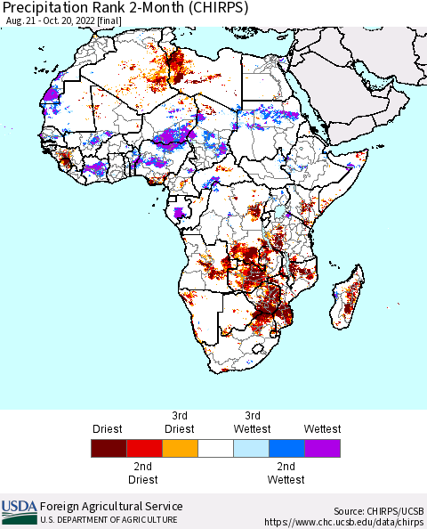 Africa Precipitation Rank since 1981, 2-Month (CHIRPS) Thematic Map For 8/21/2022 - 10/20/2022