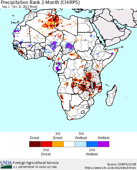 Africa Precipitation Rank 2-Month (CHIRPS) Thematic Map For 9/1/2022 - 10/31/2022