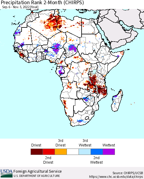 Africa Precipitation Rank since 1981, 2-Month (CHIRPS) Thematic Map For 9/6/2022 - 11/5/2022