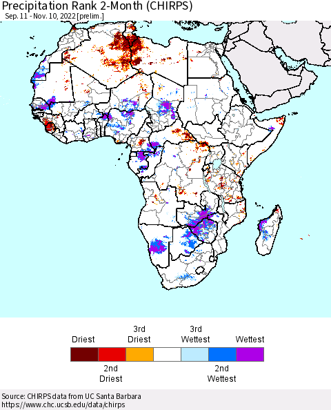 Africa Precipitation Rank 2-Month (CHIRPS) Thematic Map For 9/11/2022 - 11/10/2022
