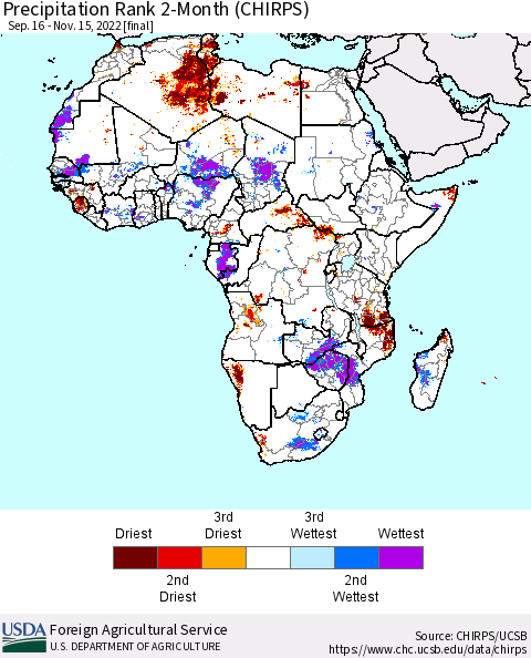 Africa Precipitation Rank 2-Month (CHIRPS) Thematic Map For 9/16/2022 - 11/15/2022