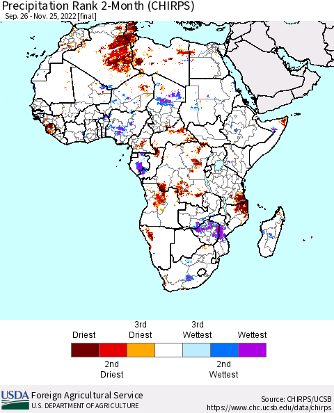 Africa Precipitation Rank since 1981, 2-Month (CHIRPS) Thematic Map For 9/26/2022 - 11/25/2022