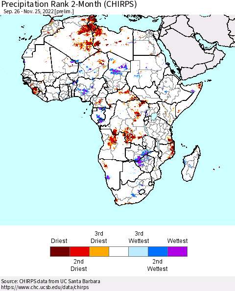 Africa Precipitation Rank 2-Month (CHIRPS) Thematic Map For 9/26/2022 - 11/25/2022