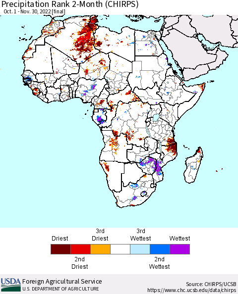 Africa Precipitation Rank 2-Month (CHIRPS) Thematic Map For 10/1/2022 - 11/30/2022