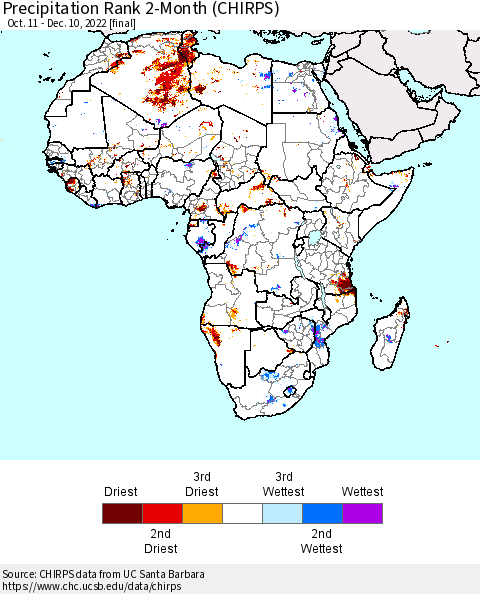 Africa Precipitation Rank 2-Month (CHIRPS) Thematic Map For 10/11/2022 - 12/10/2022