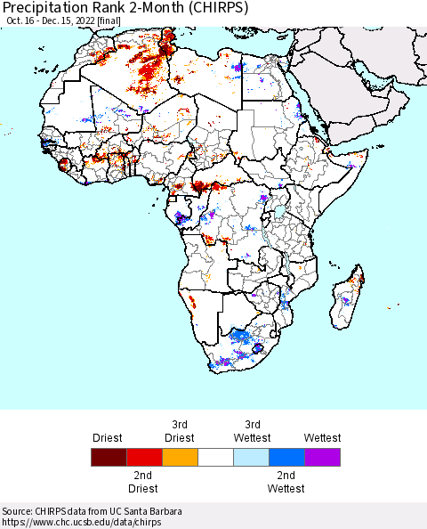 Africa Precipitation Rank 2-Month (CHIRPS) Thematic Map For 10/16/2022 - 12/15/2022