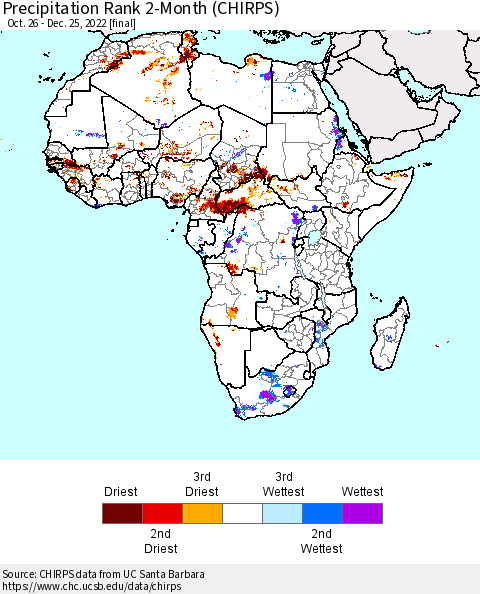 Africa Precipitation Rank since 1981, 2-Month (CHIRPS) Thematic Map For 10/26/2022 - 12/25/2022