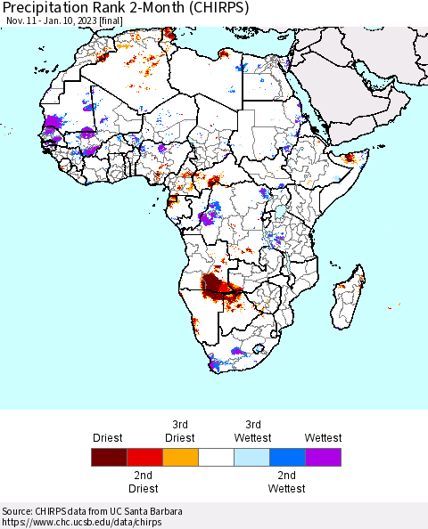 Africa Precipitation Rank since 1981, 2-Month (CHIRPS) Thematic Map For 11/11/2022 - 1/10/2023