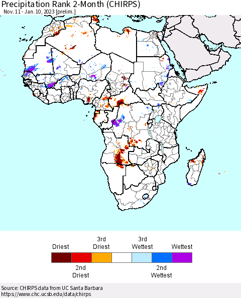 Africa Precipitation Rank 2-Month (CHIRPS) Thematic Map For 11/11/2022 - 1/10/2023