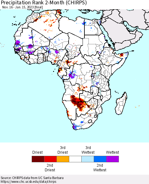 Africa Precipitation Rank 2-Month (CHIRPS) Thematic Map For 11/16/2022 - 1/15/2023