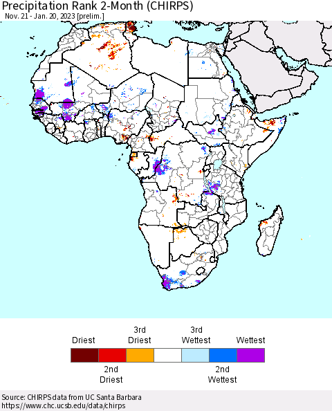 Africa Precipitation Rank 2-Month (CHIRPS) Thematic Map For 11/21/2022 - 1/20/2023