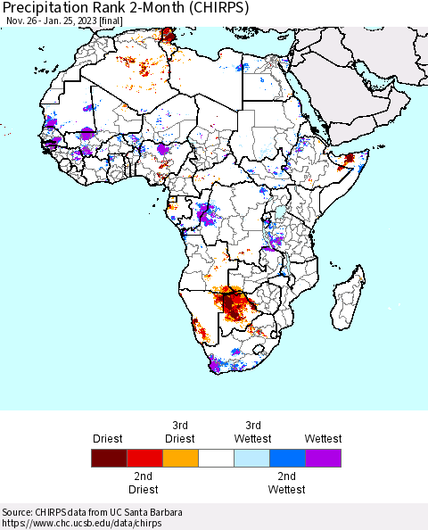 Africa Precipitation Rank since 1981, 2-Month (CHIRPS) Thematic Map For 11/26/2022 - 1/25/2023