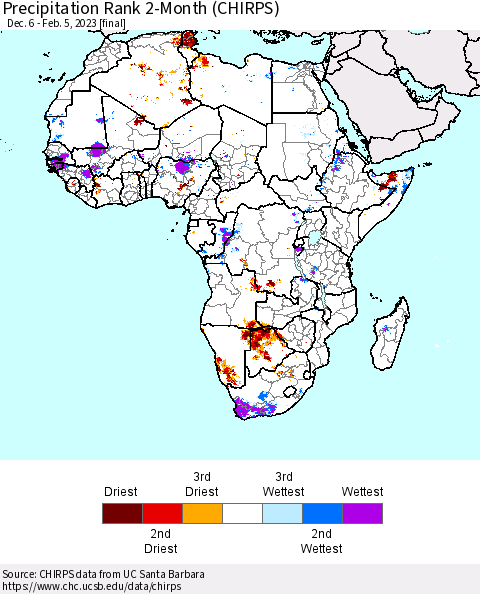 Africa Precipitation Rank 2-Month (CHIRPS) Thematic Map For 12/6/2022 - 2/5/2023