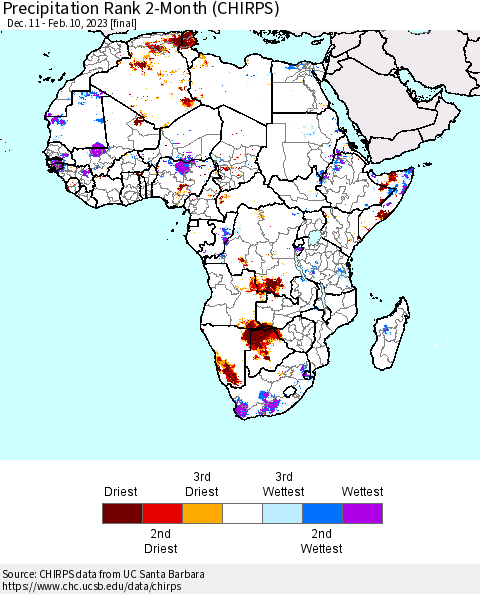 Africa Precipitation Rank 2-Month (CHIRPS) Thematic Map For 12/11/2022 - 2/10/2023