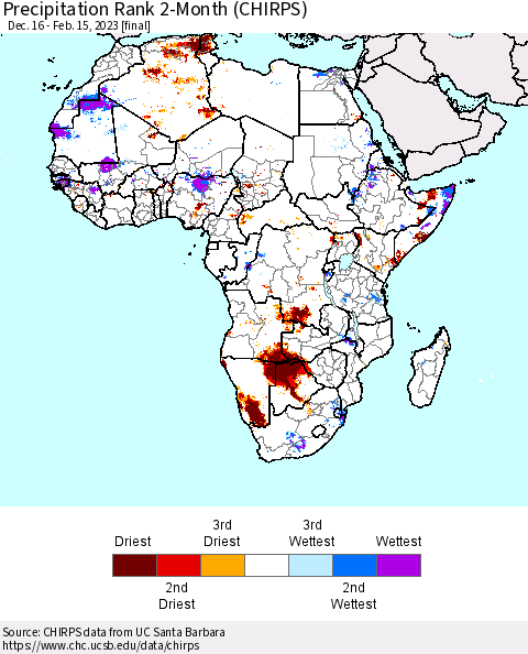 Africa Precipitation Rank 2-Month (CHIRPS) Thematic Map For 12/16/2022 - 2/15/2023