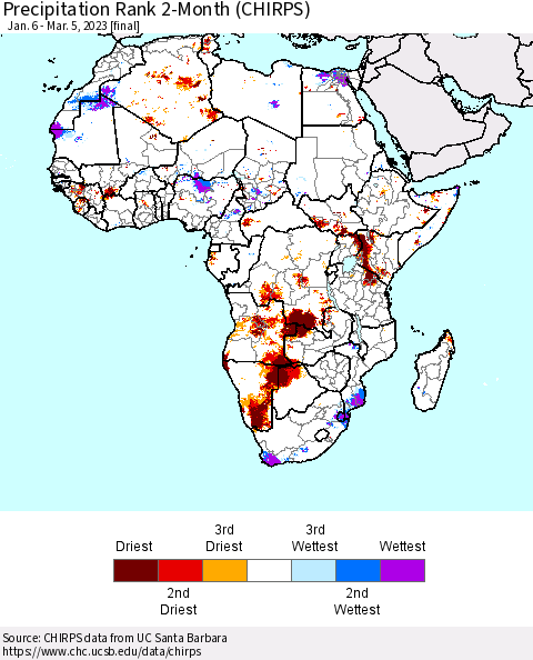 Africa Precipitation Rank since 1981, 2-Month (CHIRPS) Thematic Map For 1/6/2023 - 3/5/2023