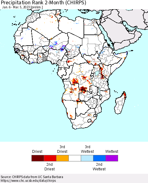 Africa Precipitation Rank 2-Month (CHIRPS) Thematic Map For 1/6/2023 - 3/5/2023