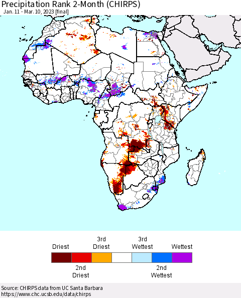 Africa Precipitation Rank since 1981, 2-Month (CHIRPS) Thematic Map For 1/11/2023 - 3/10/2023