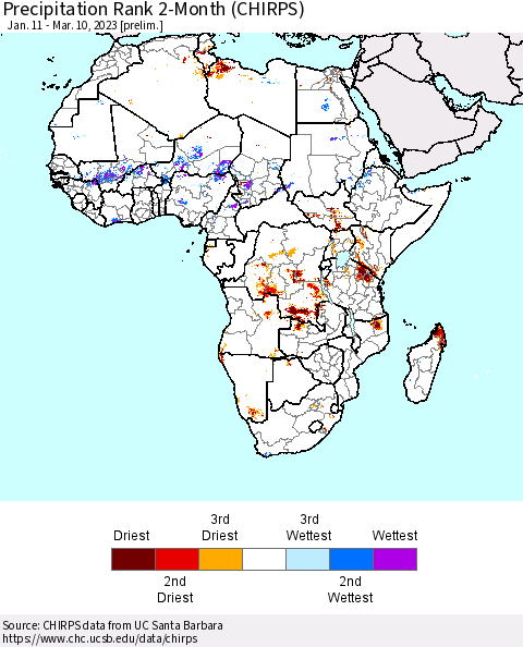 Africa Precipitation Rank 2-Month (CHIRPS) Thematic Map For 1/11/2023 - 3/10/2023