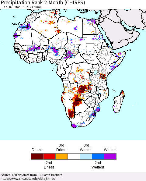 Africa Precipitation Rank since 1981, 2-Month (CHIRPS) Thematic Map For 1/16/2023 - 3/15/2023