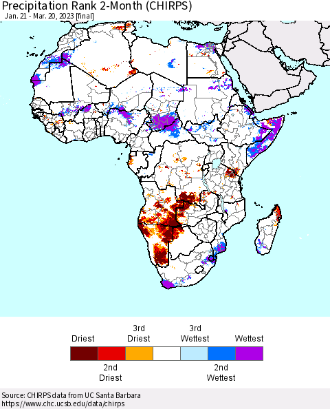 Africa Precipitation Rank since 1981, 2-Month (CHIRPS) Thematic Map For 1/21/2023 - 3/20/2023