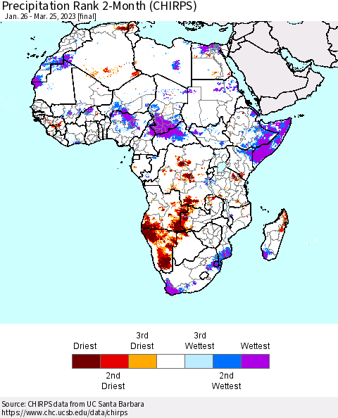 Africa Precipitation Rank since 1981, 2-Month (CHIRPS) Thematic Map For 1/26/2023 - 3/25/2023