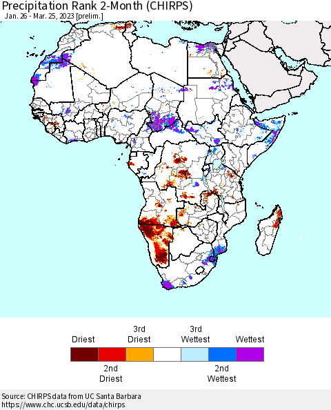 Africa Precipitation Rank 2-Month (CHIRPS) Thematic Map For 1/26/2023 - 3/25/2023