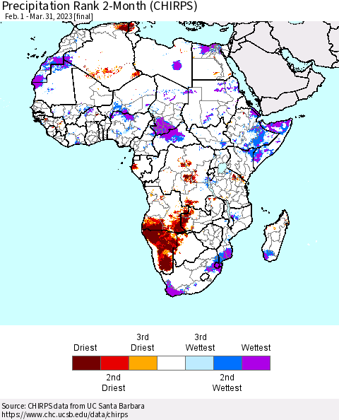 Africa Precipitation Rank since 1981, 2-Month (CHIRPS) Thematic Map For 2/1/2023 - 3/31/2023