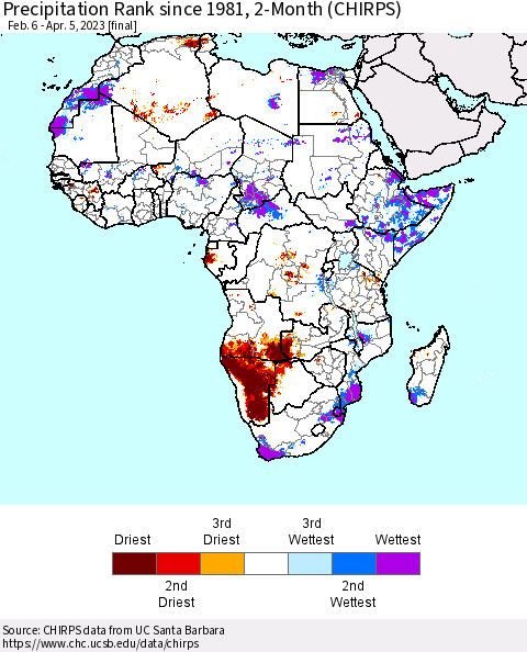 Africa Precipitation Rank since 1981, 2-Month (CHIRPS) Thematic Map For 2/6/2023 - 4/5/2023