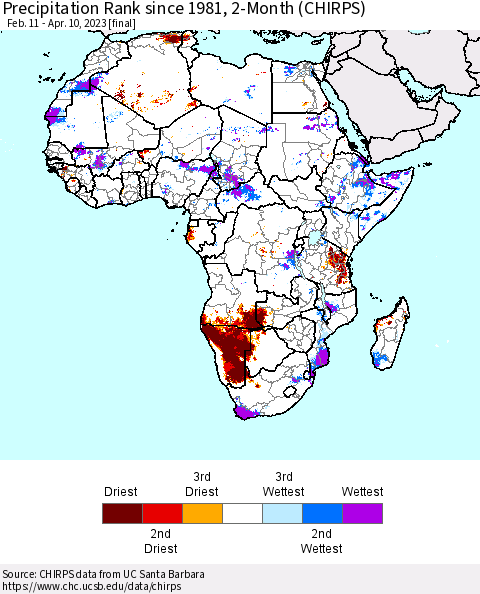 Africa Precipitation Rank since 1981, 2-Month (CHIRPS) Thematic Map For 2/11/2023 - 4/10/2023