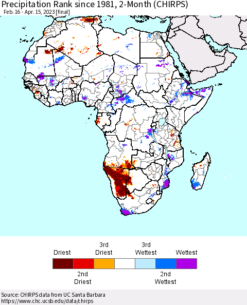 Africa Precipitation Rank since 1981, 2-Month (CHIRPS) Thematic Map For 2/16/2023 - 4/15/2023