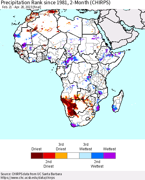 Africa Precipitation Rank since 1981, 2-Month (CHIRPS) Thematic Map For 2/21/2023 - 4/20/2023
