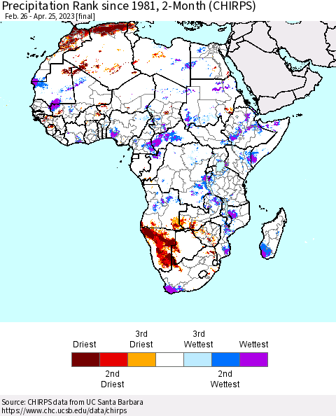 Africa Precipitation Rank since 1981, 2-Month (CHIRPS) Thematic Map For 2/26/2023 - 4/25/2023